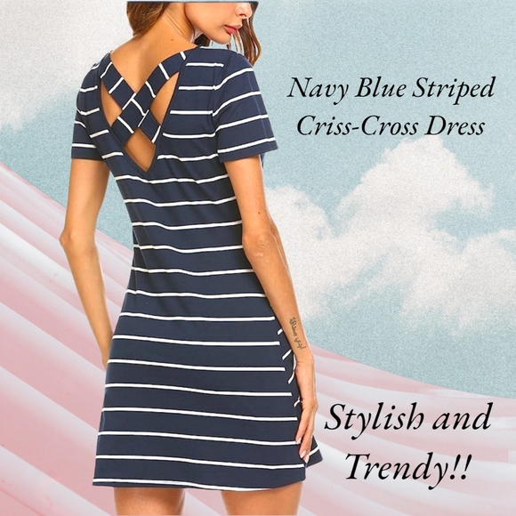 NWT!! 💖FEAGER 💖 POPULAR NAVY BLUE STRIPED CRISS-CROSS T-SHIRT DRESS 🔥 - Picture 3 of 12